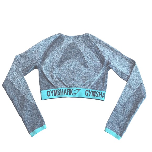 GYMSHARK Flex Long Sleeve Crop Top Women Size Small Charcoal Gray Teal Trim - Picture 6 of 7